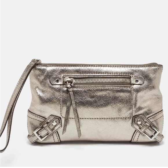Silver Metallic Clutch with Decorative Buckles - Michael Kors wristlet - Picture 1 of 11